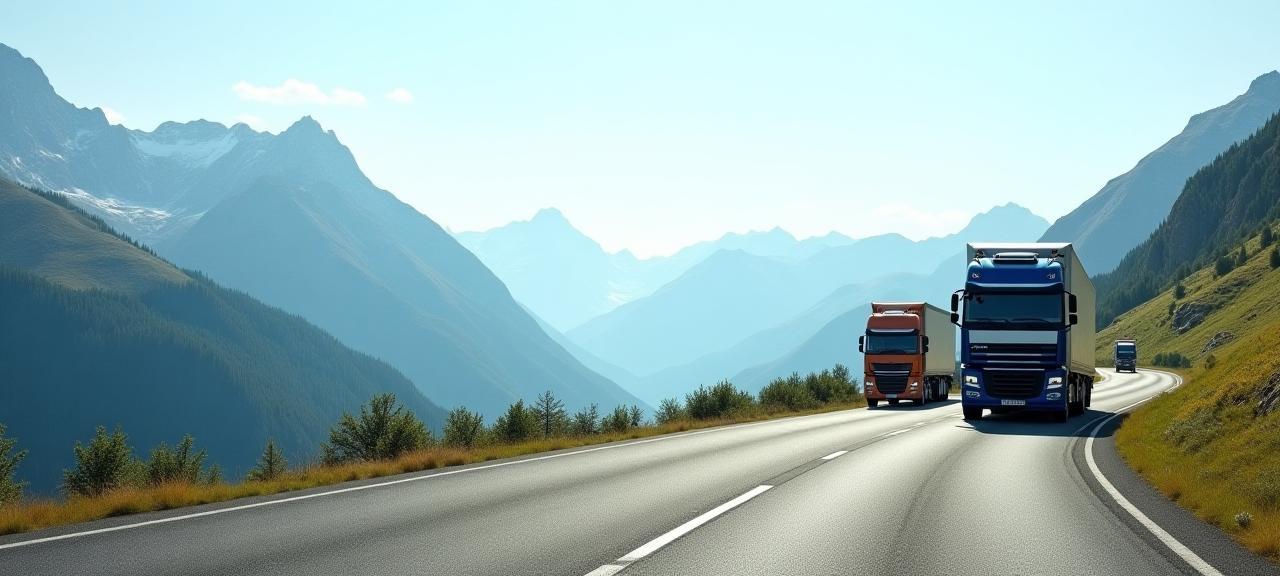 Alpenpanorama mit fahrenden LKWs unter blauem Himmel